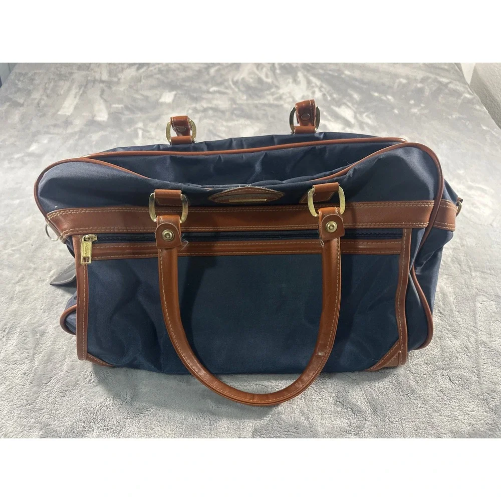 Jaguar Navy Blue Nylon Duffel Bag Brown Trim Weekender Travel Carry On Luggage